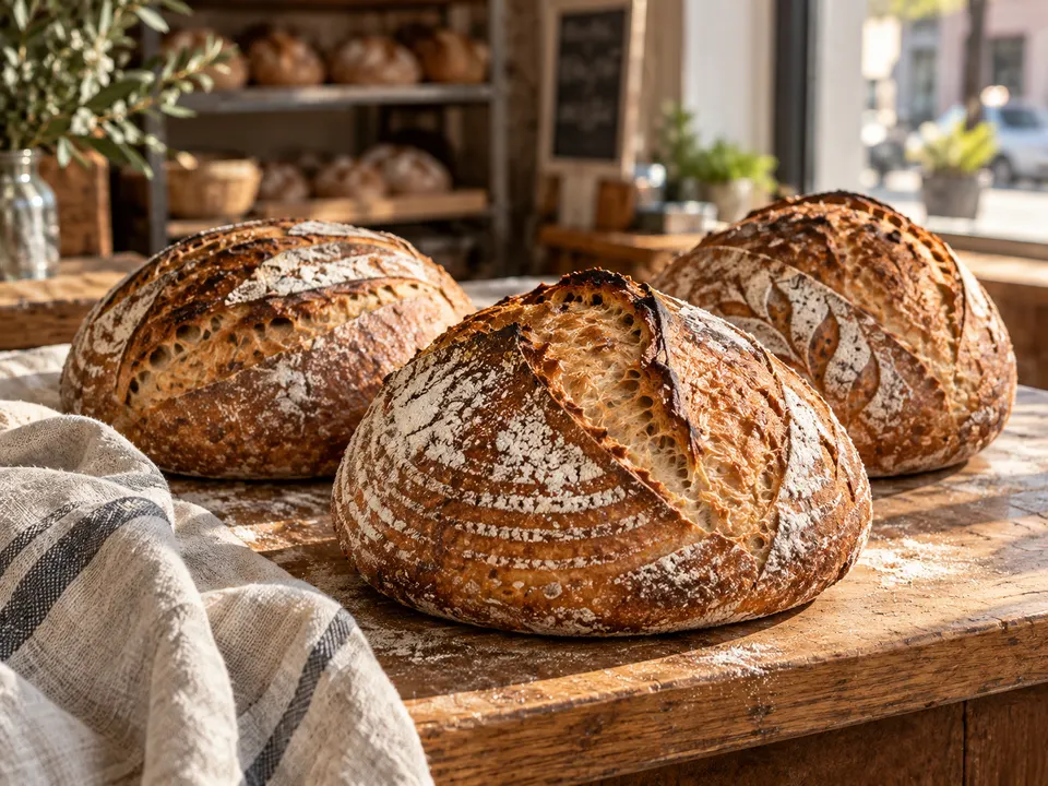 Crusty sourdough loaves baked in the Daymark kitchen