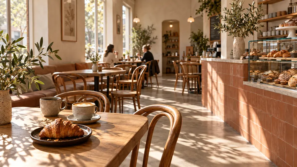 Sunlight across oak tables in our neighborhood café